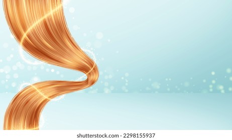 Banner for presentation cosmetic products. 3d vector illustration with realistic hair strands on blue background. Vector element for hairdresser salons, cosmetics, shampoo or conditioner package.