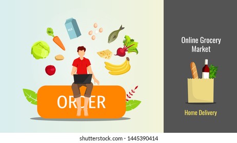 Banner, presentation or poster design for Grocery store, Online Market, Home delivery. Man with laptop and food. Vector illustration in a flat style.