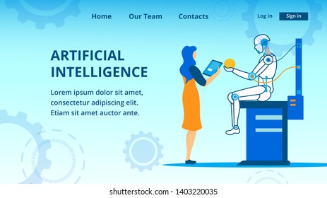 Banner Presents Artificial Intelligence Development and Teaching Process in Laboratory. Woman Researcher with Tablet Standing in front of Robot Sitting and Holding Toy Ball. Vector Illustration