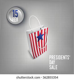 Banner for Presidents' Day sale in USA. Gift bag with star, grunge textured background. Vector illustration