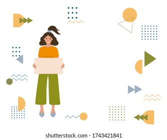Banner with a pretty woman holding a blank sheet of paper, space for text. A girl in bright clothes with a smile on her face against a background of different geometric shapes, flat cartoon vector.