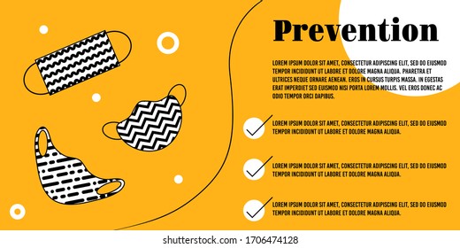 Banner prevention. Black and white face masks with abstract patterns on a bright background. Prevention of coronavirus and viral respiratory diseases.Banner with space for text.Vector illustration.