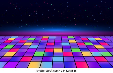  Banner for printing night disco parties. Retro vintage neon grid dance floor horizon 80s and 90s. Web template.
Retrograde and synthwave. Vector illustration.