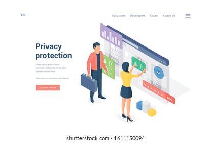 Banner of privacy protection website isometric vector illustration. woman browsing secured data in social media near stranger man on banner of website dedicated to privacy protection