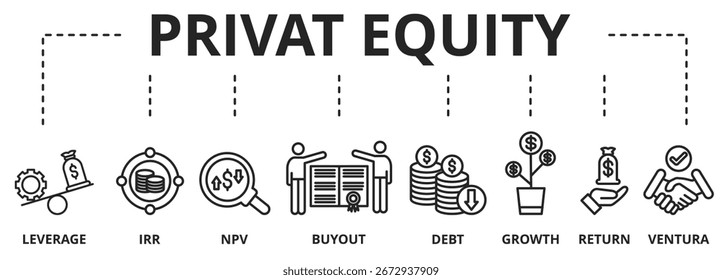 Ilustração vetorial do conceito de private equity com ícones no fundo branco