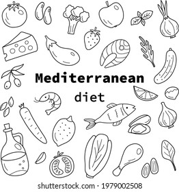 Banner with products of the Mediterranean diet in the doodle style. Vector illustration with sea food, vegetables, fruits, nuts. Perfect for decoration of a restaurant, grocery store, for articles