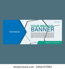 Banner médico profesional con fondo azul y blanco, ideal para clínicas, hospitales y consultorios. Incluye espacio para texto e imagen.