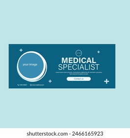 Banner médico profesional con fondo azul, ideal para clínicas, hospitales y consultorios. Espacio para texto e imagen. 