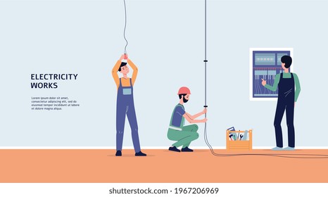 Banner with professional electricians workers performing electric works. Technicians service staff with tools change light bulb, installs wiring and check electrical switchboard.