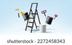 Banner of professional painting works. Rollers, brushes, buckets with paint, folding ladder 3d. Dynamic composition of elements on a light background.