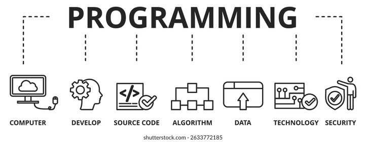 Banner programming and coding background vector illustration with icons and keywords