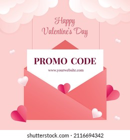 Banner mit einem Promo-Code für den Valentinstag, eine Werbeaktion in Form eines Briefes aus einem offenen Umschlag, auf rosafarbenem Hintergrund mit Wolken und Herzen, Vektorgrafik. Bildschirmhintergrund
