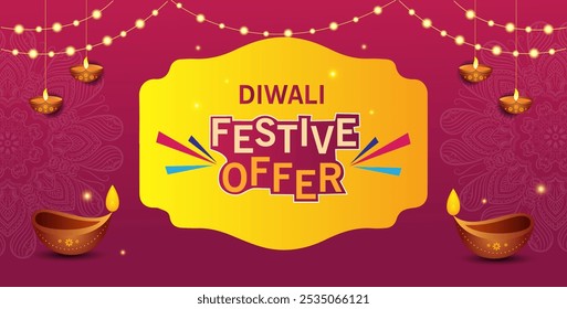A banner promoting a Diwali festive offer It features a red background with diyas oil lamps on either side a golden frame with the text Diwali Festive Offer in the center and fairy lights hang