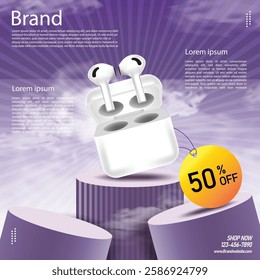 Banner promoting new white wireless headphones, up to 50 percent off on purple background.