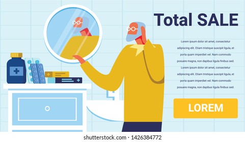 Banner Promoting Total Sale. Flat Poster with Editable Advertising Text. Cartoon Elderly Man Ready to Take Drugs. Saving Retirement Money and Discounts. Vector Medicine and Healthcare Illustration