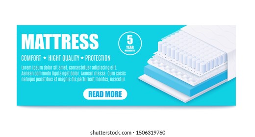 Banner for promotion of matress layered with comfort, high quality and protection. Layered antibacterial and orthopedic mattress for bed and sleep, isometric vector illustration.