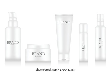 Banner promotional realistic mockup brand cosmetic bottles vector isolated on white background