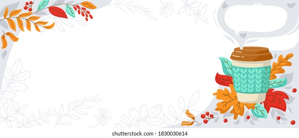 Banner for  promotions, coffee shop, flyer, sale, advertising. Autumn red, yellow leaves and a cup of coffee. Autumn mood, paper cup in a knitted stand. Coffee to go, take away, coffee delivery.