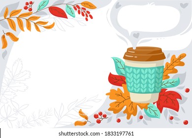 Banner for  promotions, coffee shop, flyer, sale, advertising. Autumn red, yellow leaves and a cup of coffee. Autumn mood, paper cup in a knitted stand. Coffee to go, take away, coffee delivery.