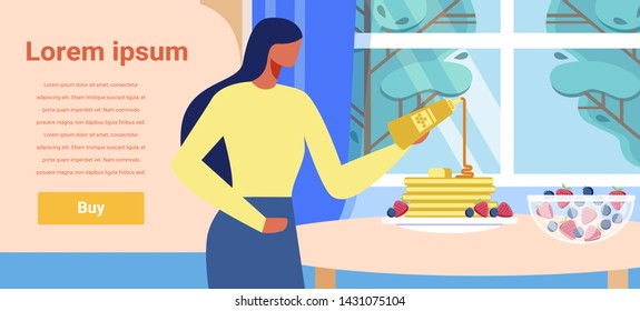 Banner Proposing to Buy Smart Home Appliances. Cartoon Flat Woman Cooking. Female Character Pouring Jam on Hot Fresh Pancakes. Kitchen Interior. Vector Illustration with Editable Promotion Text