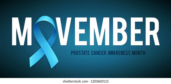 Banner for Prostate cancer awareness month in nowember. Word movember with realistic blue ribbon. Design template for poster. Vector illustration.