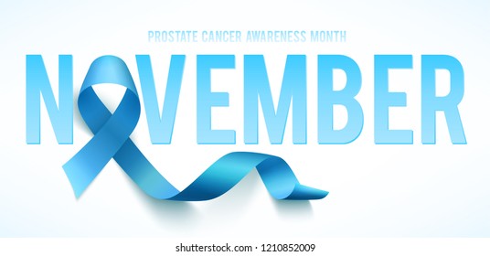 Banner for Prostate cancer awareness month in nowember. Word november with realistic blue ribbon. Design template for poster. Vector illustration.