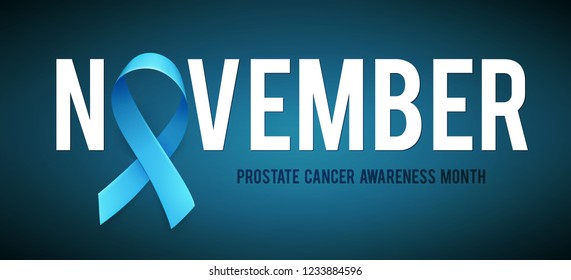 Banner for Prostate cancer awareness month in nowember. Word november with realistic blue ribbon. Design template for poster. Vector illustration.