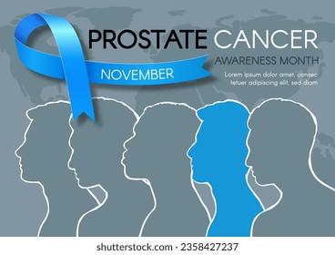 Banner for Prostate Cancer Awareness Month in November. The poster with diverse men and a blue ribbon. Design template for poster. Vector illustration.