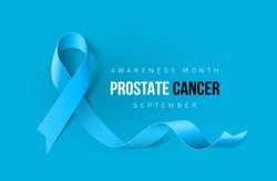 Banner With Prostate Cancer Awareness Realistic Light-Blue Ribbon. Design Template For Info-graphics Or Websites Magazines On Blue Background