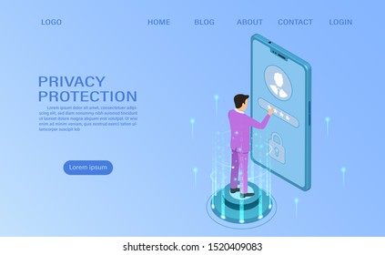 banner protect data and confidentiality on mobile. privacy protection and security are confidentiality. flat isometric vector illustration