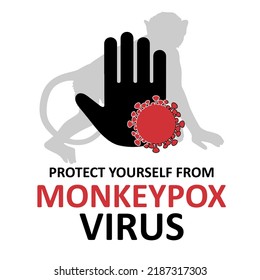 Banner "Protect yourself from the monkey pox virus" to inform and warn about the spread of the disease, a pandemic outbreak of the monkey pox virus, a pandemic from animals to humans. 