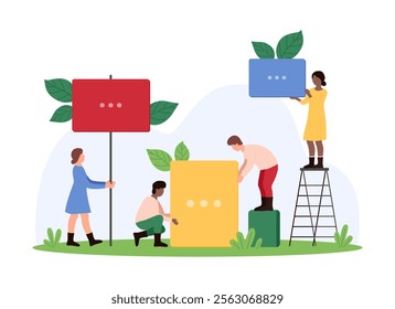 Banner, protest poster and billboard to show important information in presentation campaign. Tiny people hold color empty boards and signs on stick, three dots inside frame cartoon vector illustration