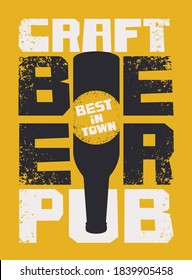 Banner for a pub with the best craft beer in town. Vector illustration with inscriptions and an inverted beer bottle in a grunge style on a yellow background