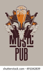 Banner for the pub with live music and electric guitar and goat skull