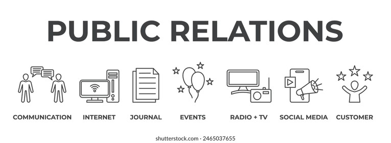 Banner Public relations concept. Communication, internet, journal, events, radio tv, social media and customer. Vector illustration with keywords and icons