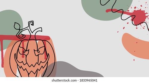Banner eines Kürbis in einem handgezeichneten linearen Stil mit bunten abstrakten Flecken. Vektorgrafik.