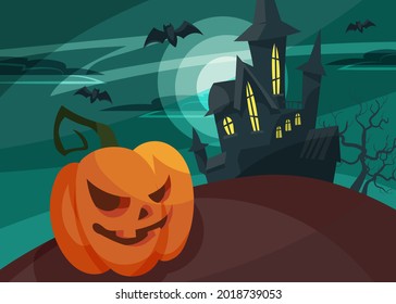 Banner with pumpkin head on background of castle. Halloween postcard design in cartoon style.