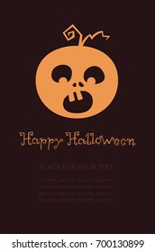 Banner with pumpkin, Terrible character in a hat for holiday. Glowing muzzle on a dark background. Flyer or invitation template for Halloween party. Vector illustration.