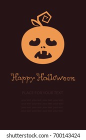 Banner with pumpkin, Terrible character in a hat for holiday. Glowing muzzle on a dark background. Flyer or invitation template for Halloween party. Vector illustration.
