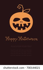 Banner with pumpkin, Terrible character in a hat for holiday. Glowing muzzle on a dark background. Flyer or invitation template for Halloween party. Vector illustration.