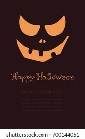 Banner with pumpkin, Terrible character in a hat for holiday. Glowing muzzle on a dark background. Flyer or invitation template for Halloween party. Vector illustration.