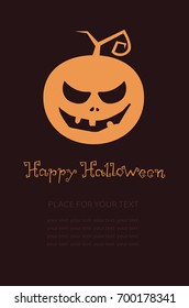 Banner with pumpkin, Terrible character in a hat for holiday. Glowing muzzle on a dark background. Flyer or invitation template for Halloween party. Vector illustration.
