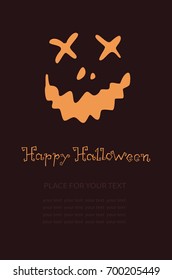 Banner with pumpkin, Terrible character in a hat for holiday. Glowing muzzle on a dark background. Flyer or invitation template for Halloween party. Vector illustration.