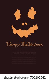 Banner with pumpkin, Terrible character in a hat for holiday. Glowing muzzle on a dark background. Flyer or invitation template for Halloween party. Vector illustration.