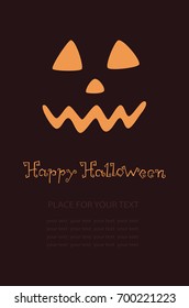 Banner with pumpkin, Terrible character in a hat for holiday. Glowing muzzle on a dark background. Flyer or invitation template for Halloween party. Vector illustration.