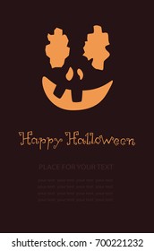 Banner with pumpkin, Terrible character in a hat for holiday. Glowing muzzle on a dark background. Flyer or invitation template for Halloween party. Vector illustration.
