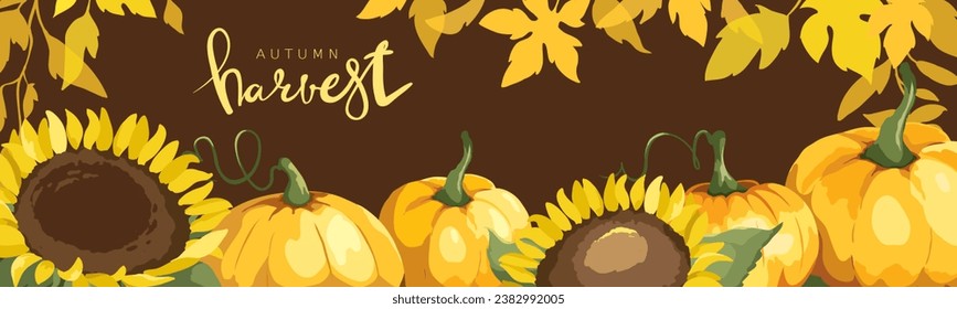 Banner with pumpkins, sunflowers and yellow leaves. Vector illustration in watercolor painting style, background for autumn holidays. EPS 10	