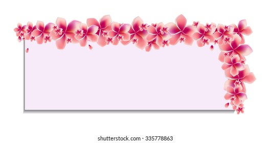 Banner with purple pink flowers and rectangle for text with shadow 