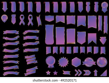 Banner purple vector icon set on black background. Ribbon isolated shapes illustration of gift and accessory. Christmas sticker and decoration for app and web. Label, badge and borders collection.