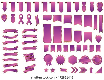 Banner purple vector icon set on white background. Ribbon isolated shapes illustration of gift and accessory. Christmas sticker and decoration for app and web. Label, badge and borders collection.